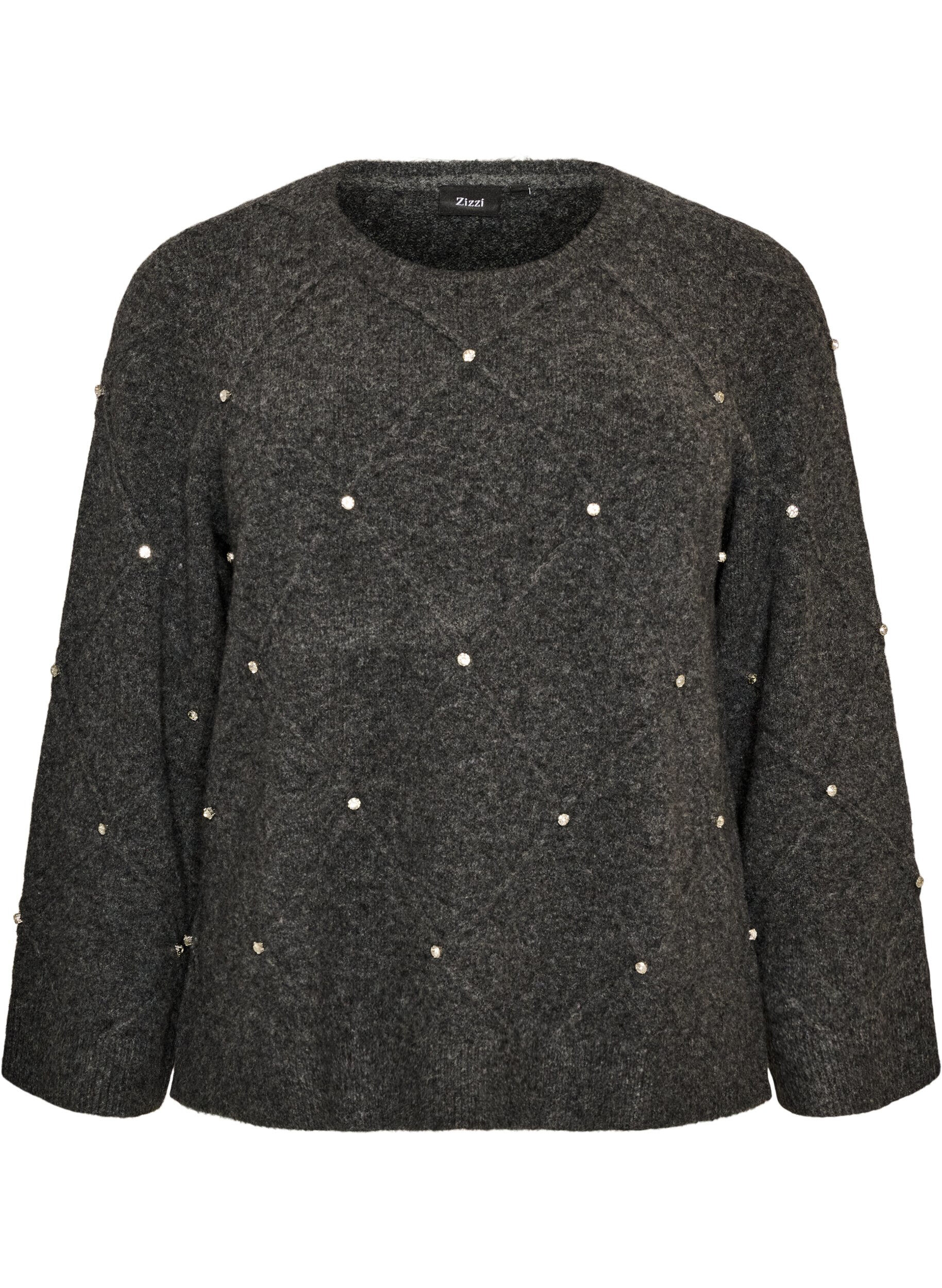 ZizziBlus i stickat med strass och diamantm&ouml;nster, Gr&aring;, Packshot image number 0
