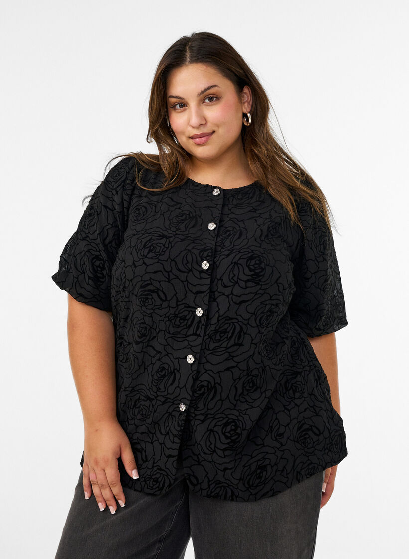 Blus med blommigt m&ouml;nster och ballong&auml;rmar, Svart, Model image number 0