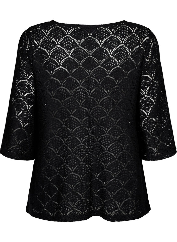 Crochet blus med 3/4 ärmar, Black, Packshot image number 1
