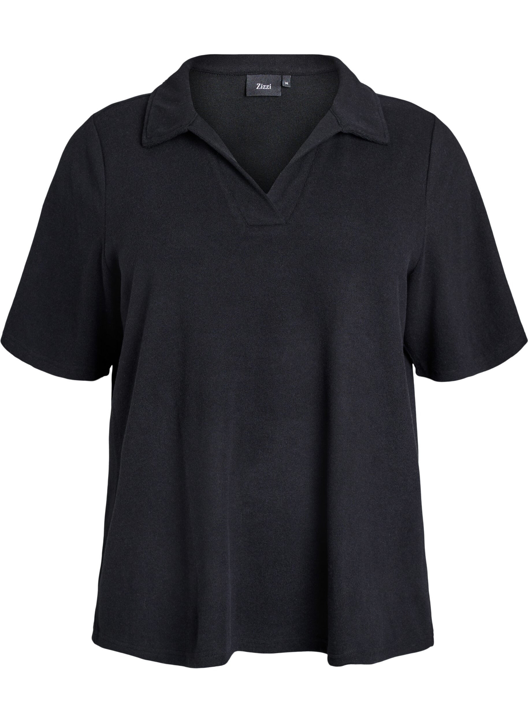 Jerseyblus med krage och korta &auml;rmar