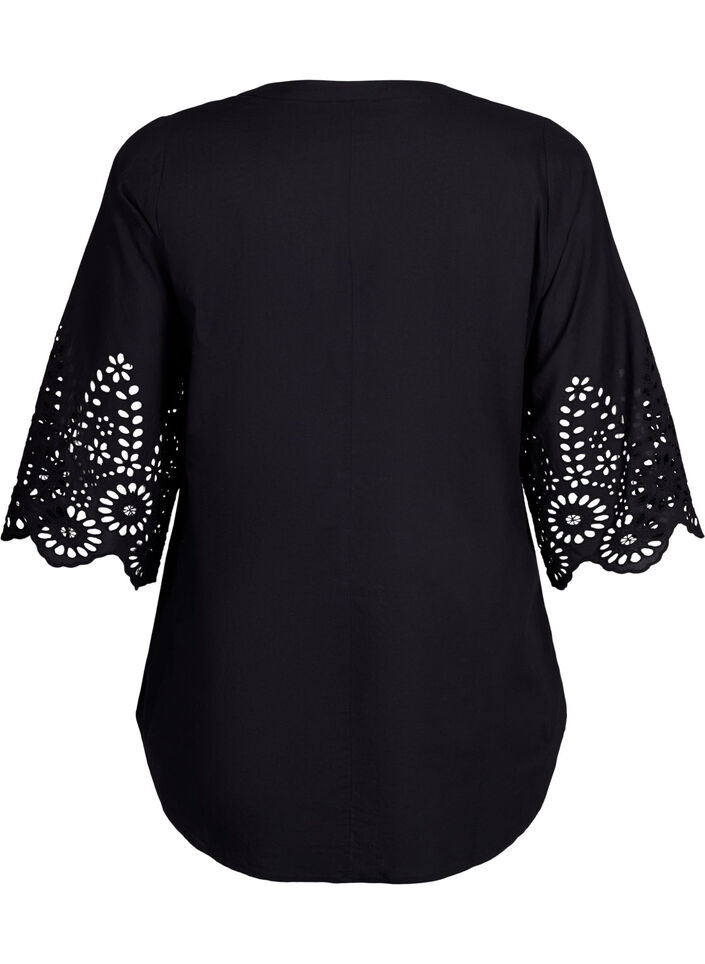 Skjortblus med broderie anglaise och 3/4-&auml;rmar, Black, Packshot image number 1