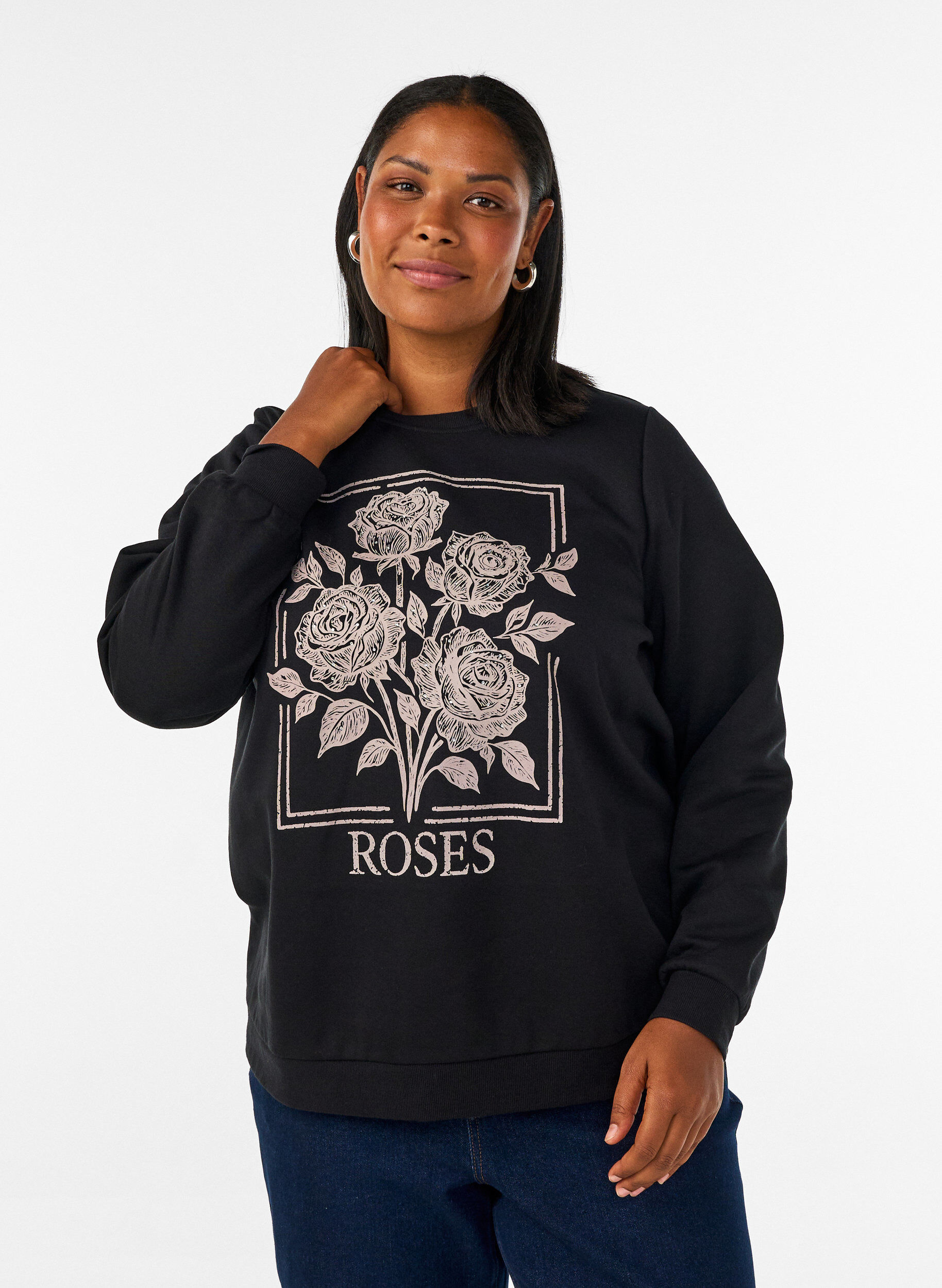 ZizziSweatshirt med rosentryck och strass, Svart, Model image number 0