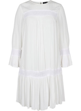 Viskosklänning med spetsdetaljer, Off White, Packshot image number 0