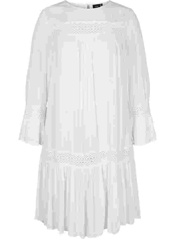 Viskosklänning med spetsdetaljer, Off White, Packshot image number 0