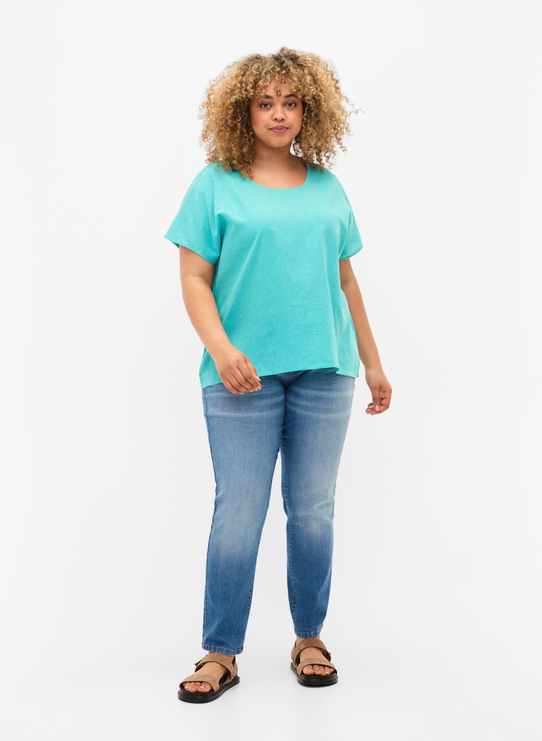 Zizzi Kort&auml;rmad blus i bomullsmix med linne, Turquoise, Model image number 2