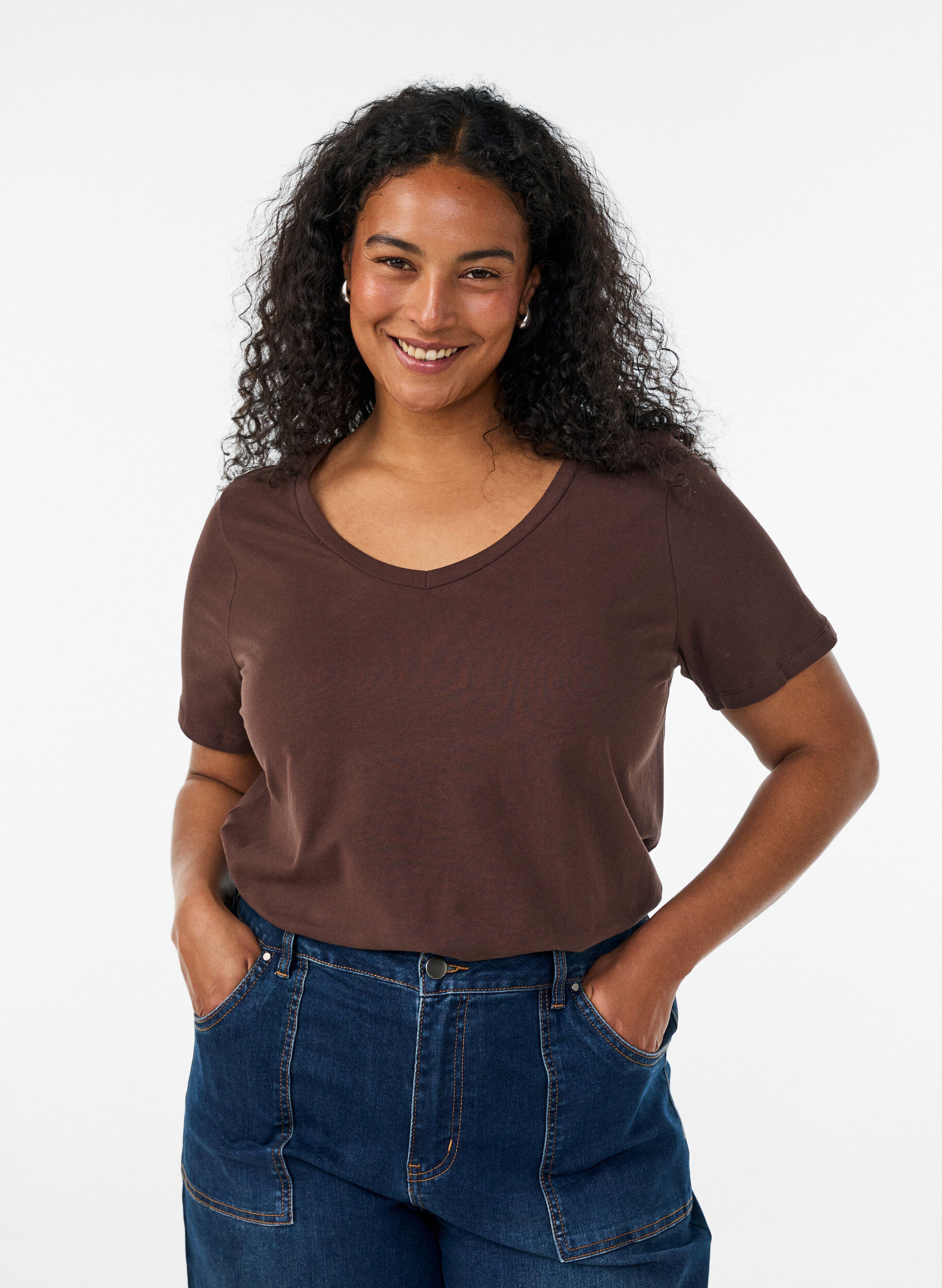 ZizziEnf&auml;rgad t-shirt i bomull, Brun, Model image number 0