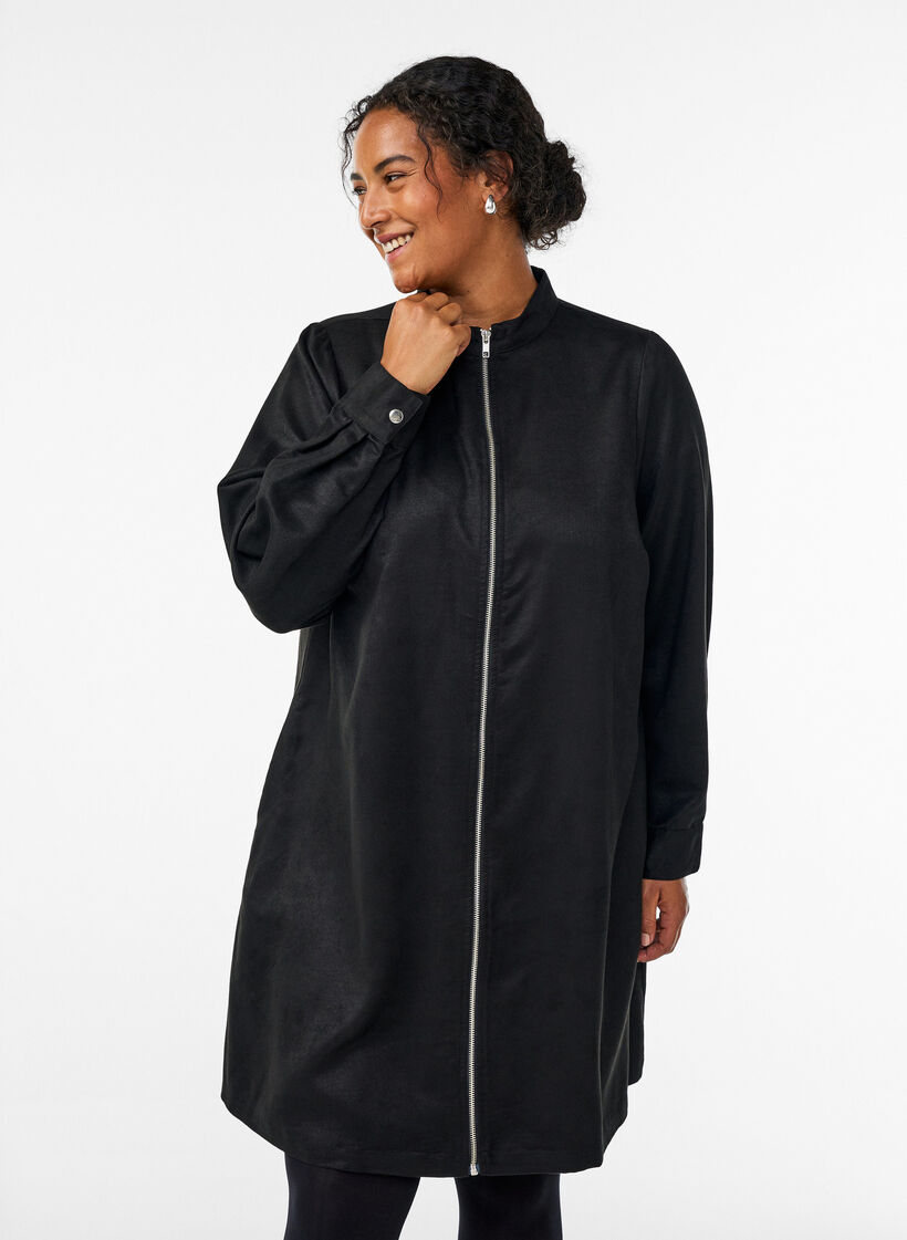 Lång skjorta i mockaimitation med dragkedja, Svart, Model image number 0