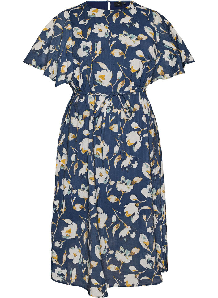 Ankell&aring;ng kl&auml;nning med fladder&auml;rmar och knytsk&auml;rp i midjan, Bl&aring;, Packshot image number 0