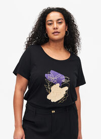 T-shirt i bomull med motiv, Black w. Face Foil, Model