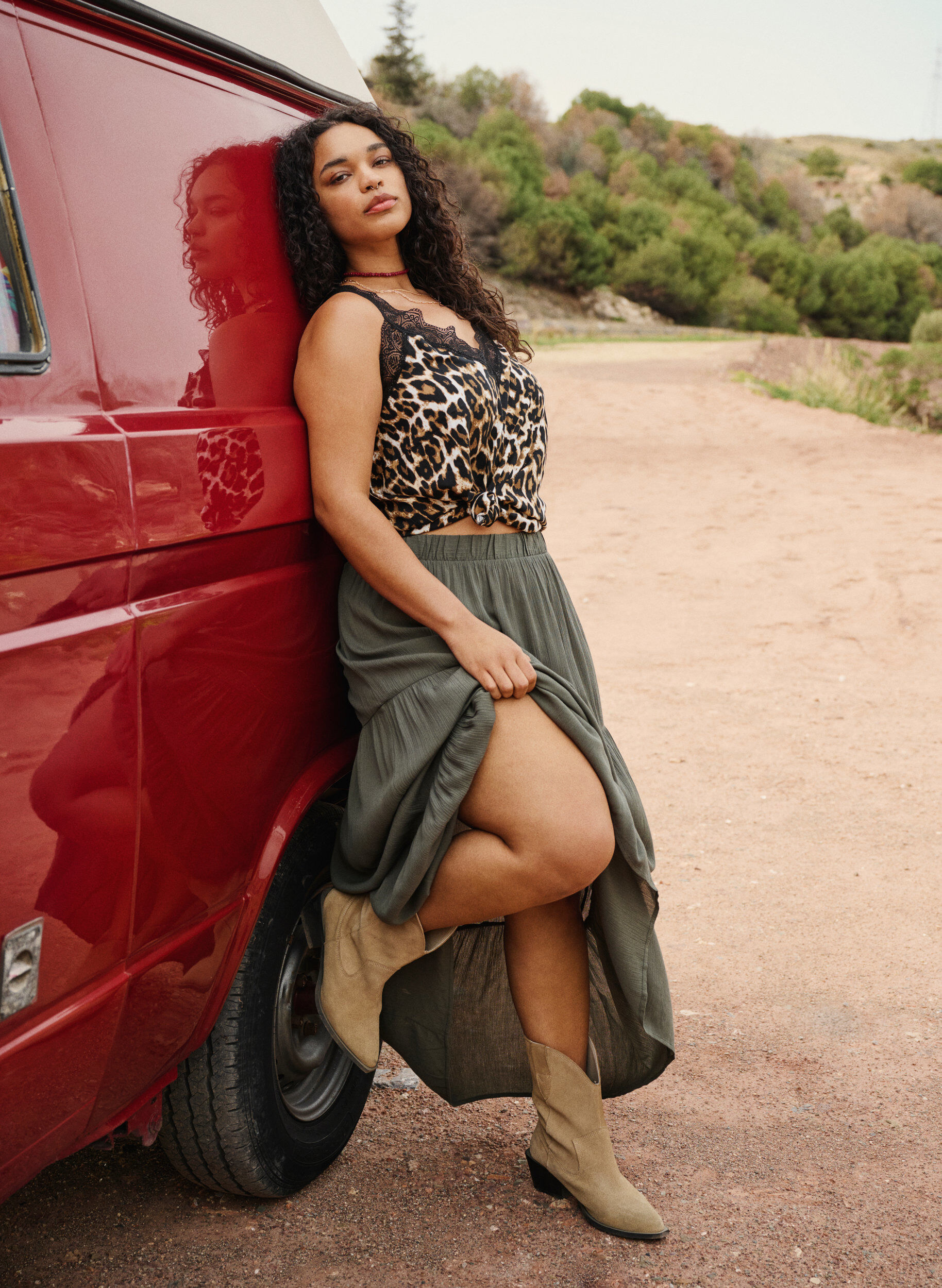 Zizzi L&aring;ng kjol med res&aring;r i midjan, Gr&ouml;n, Image image number 0