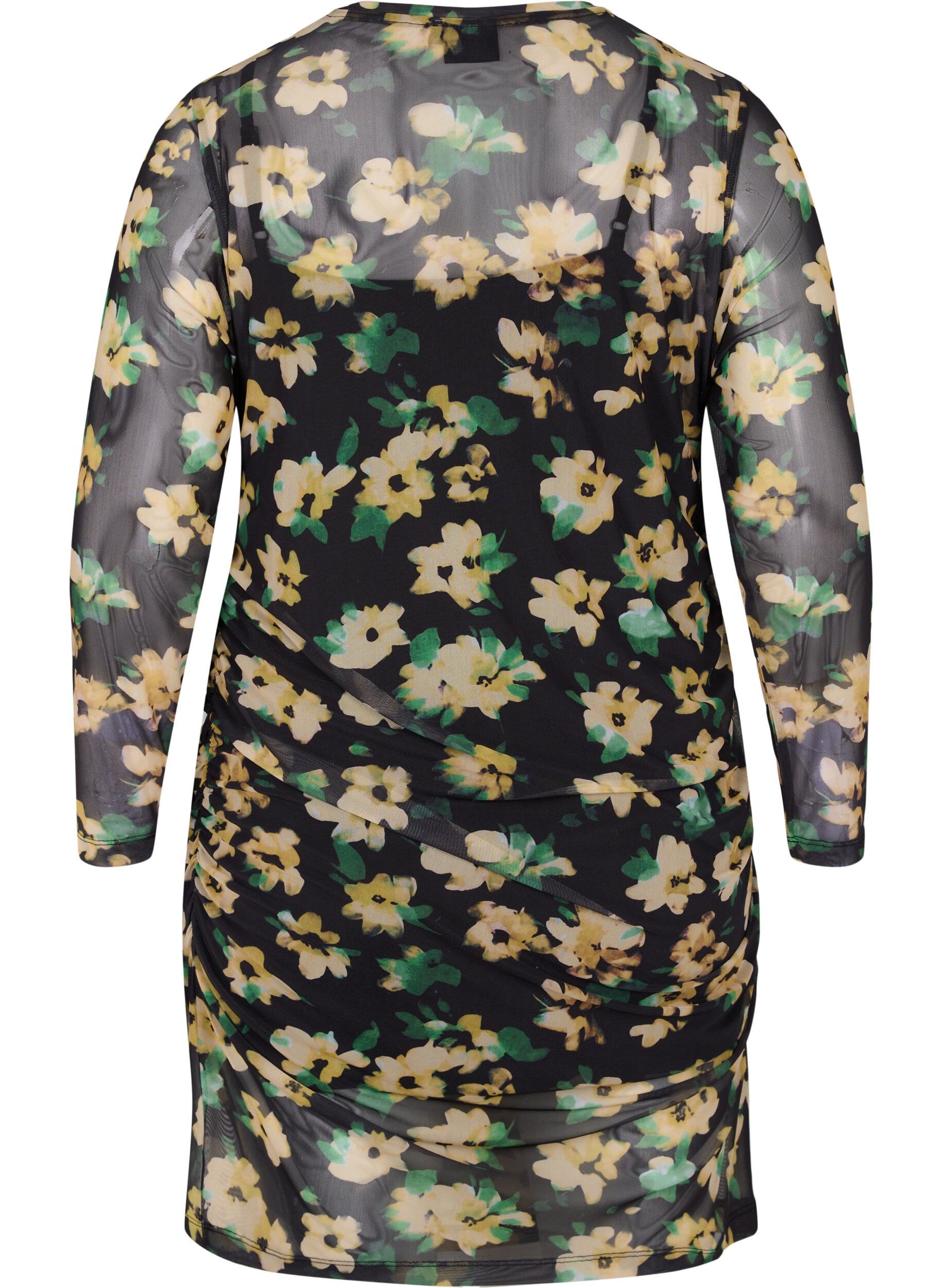 Zizzi &Aring;tsittande mesh-kl&auml;nning med 3/4 &auml;rmar, Yellow Green AOP, Packshot image number 1