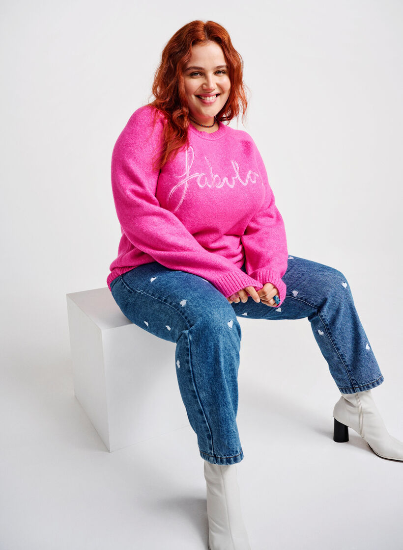 Stickad blus med broderad text, Raspberry Rose, Image image number 0