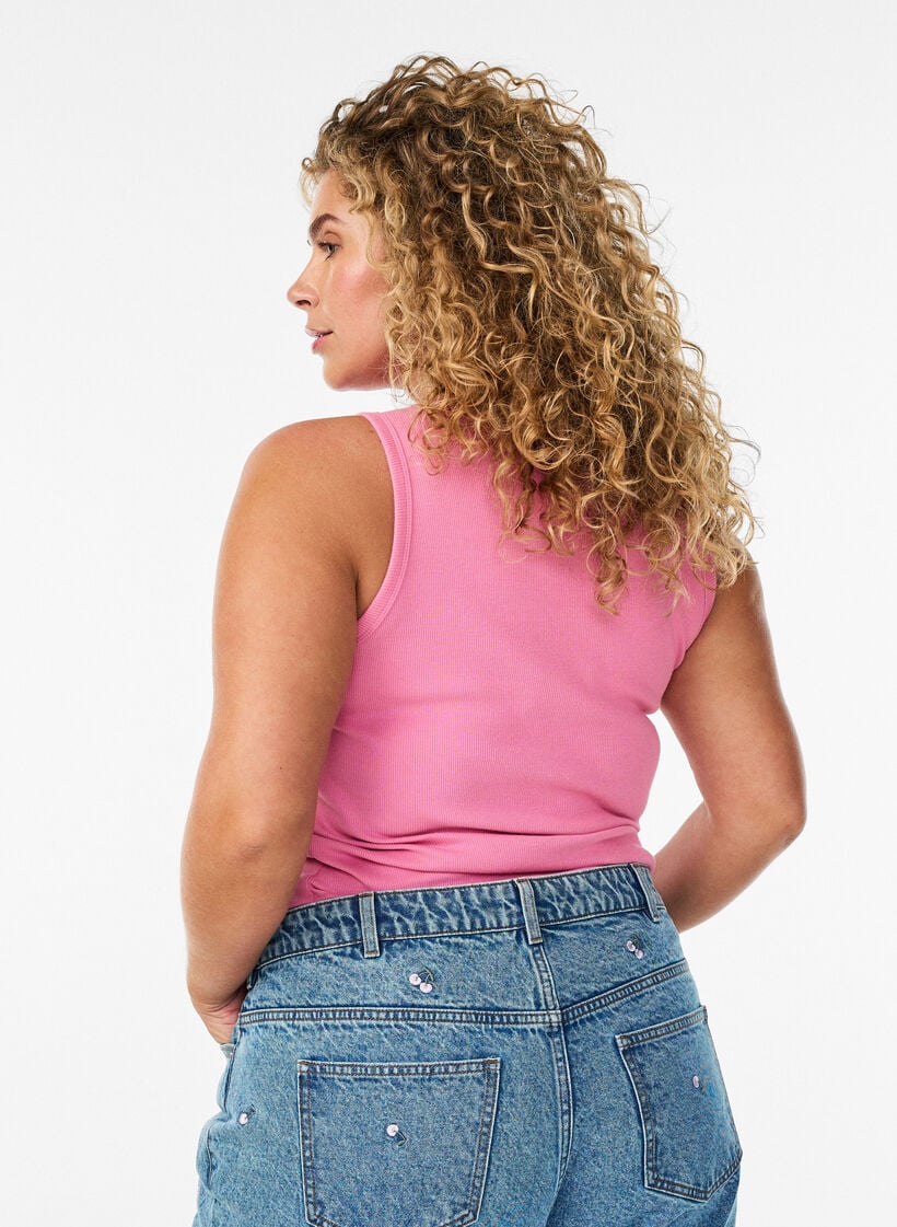 Ribbad topp i bomull med h&ouml;g hals, Rosa, Model image number 2