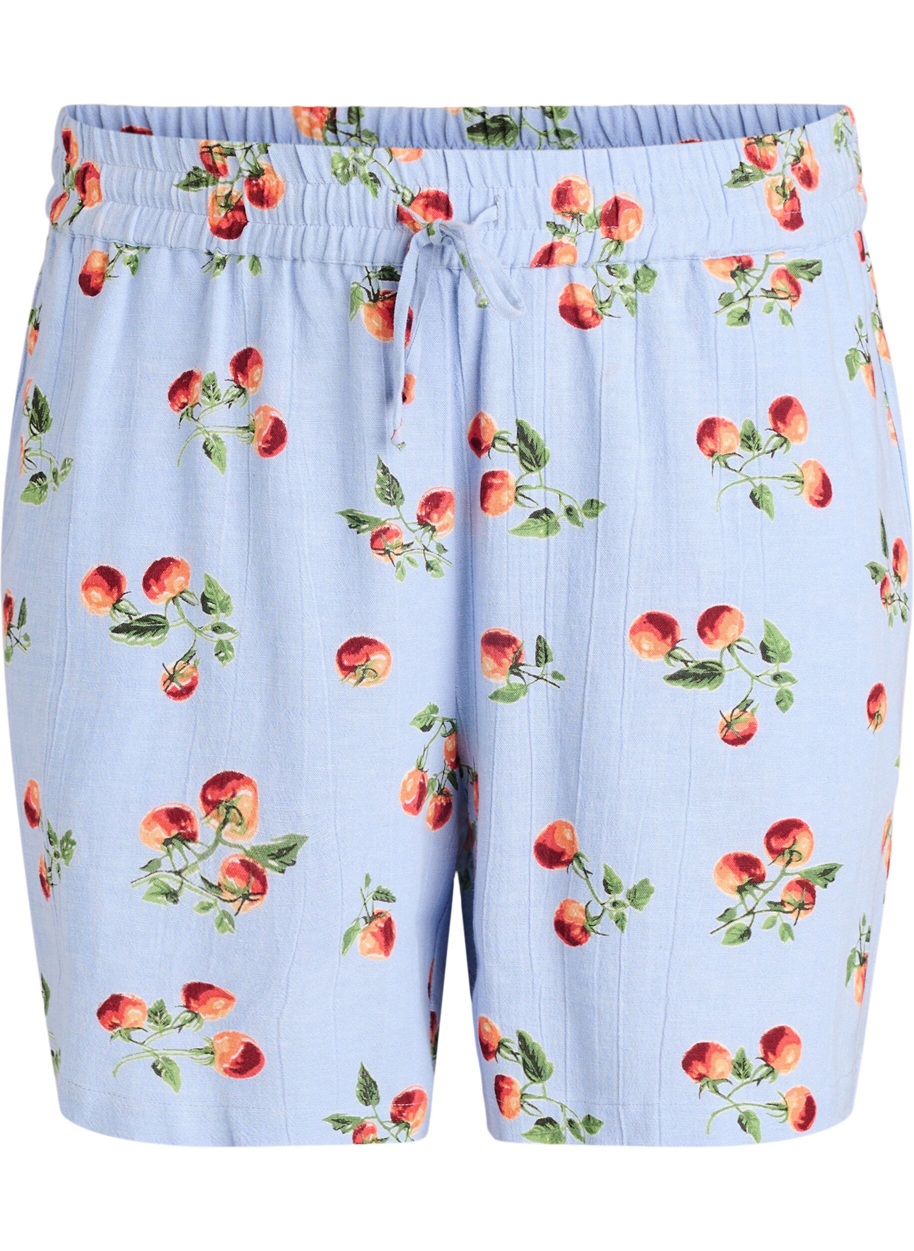 Shorts i bomull med tomatm&ouml;nster och h&ouml;g midja