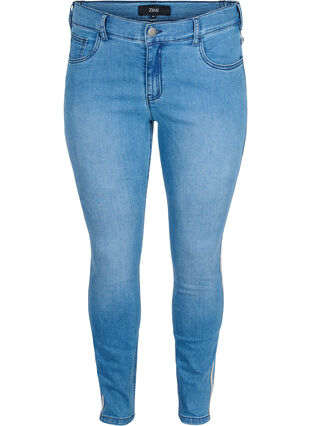 Croppade Sanna jeans med dekorativ rand på sidan, Light blue denim, Packshot image number 0