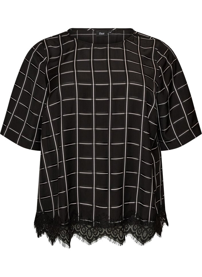 Rutig blus med spetskant och armb&aring;gsl&aring;nga &auml;rmar, Svart, Packshot image number 0