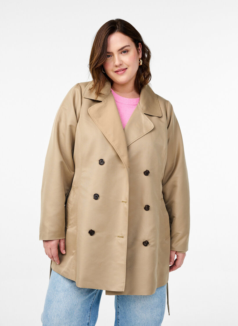 Kort trenchcoat med skärp, Beige, Model image number 0