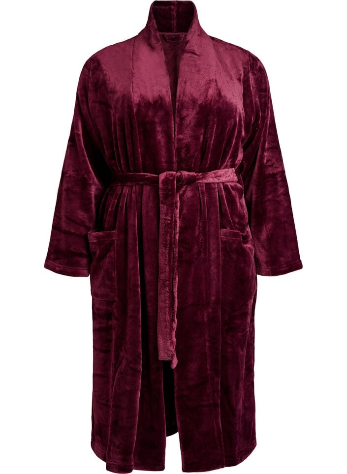Morgonrock i mjuk velour med fickor, M&ouml;rk Bordeaux, Packshot image number 0