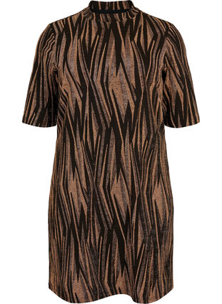 Mönstrad klänning med glitter och korta ärmar, Black w. Copper, Packshot image number 0