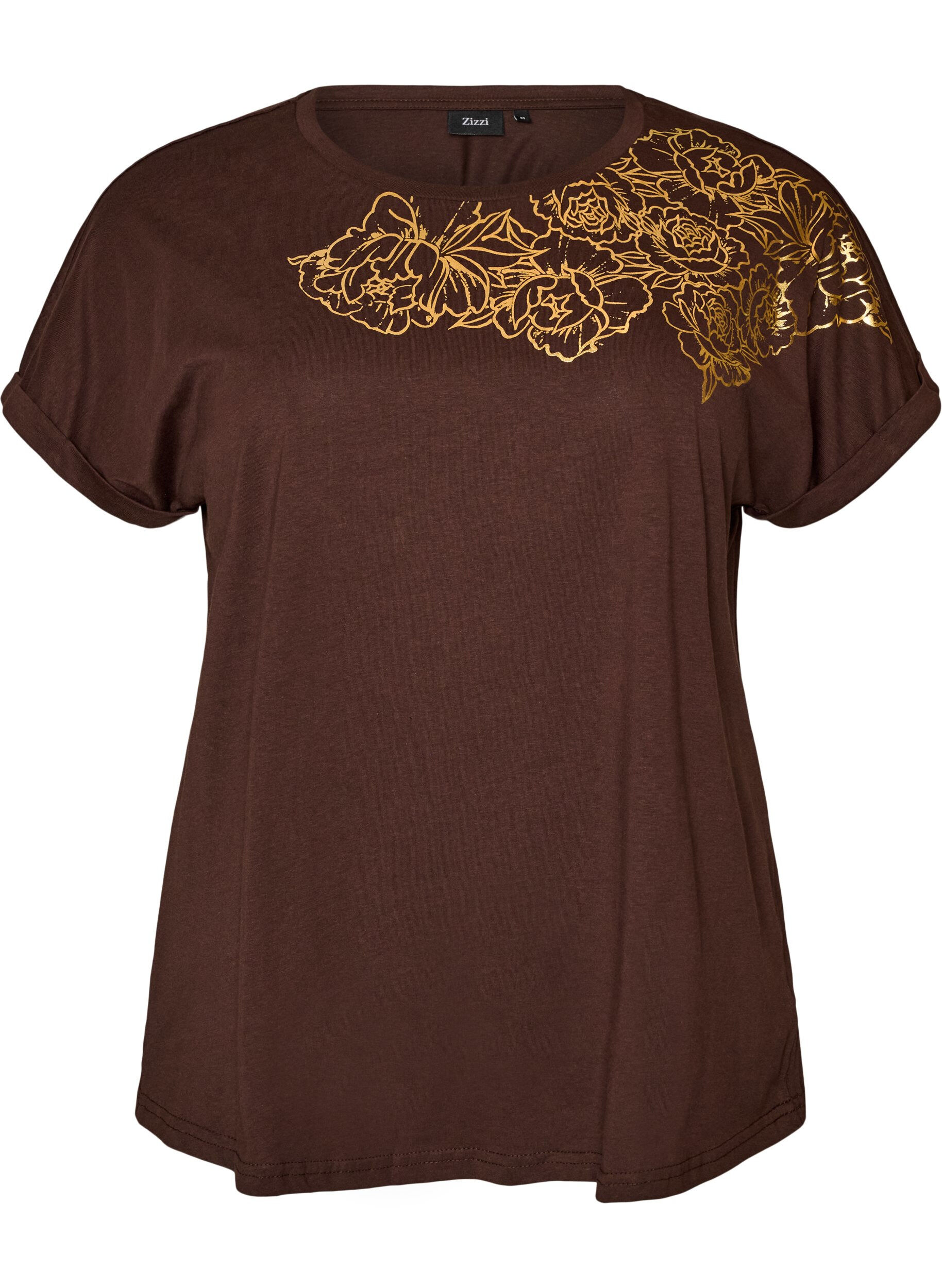 ZizziT-shirt i bomull med blommigt m&ouml;nster, Brun, Packshot image number 0
