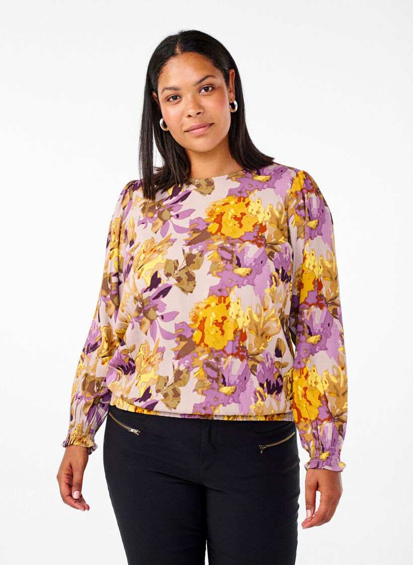 Smockblus med blomtryck, Purple Flower, Model image number 0