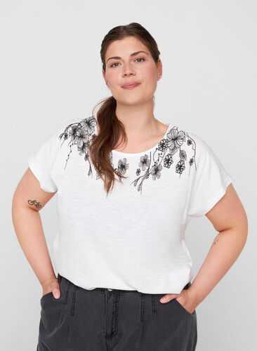 T-shirt i bomull med tryck längst upp, Bright White FLOWER, Model image number 0