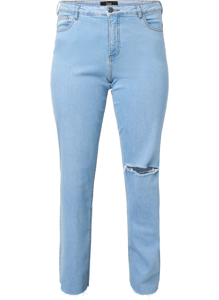 Högmidjade Gemma jeans med hål på knät, Ex Lgt Blue, Packshot image number 0