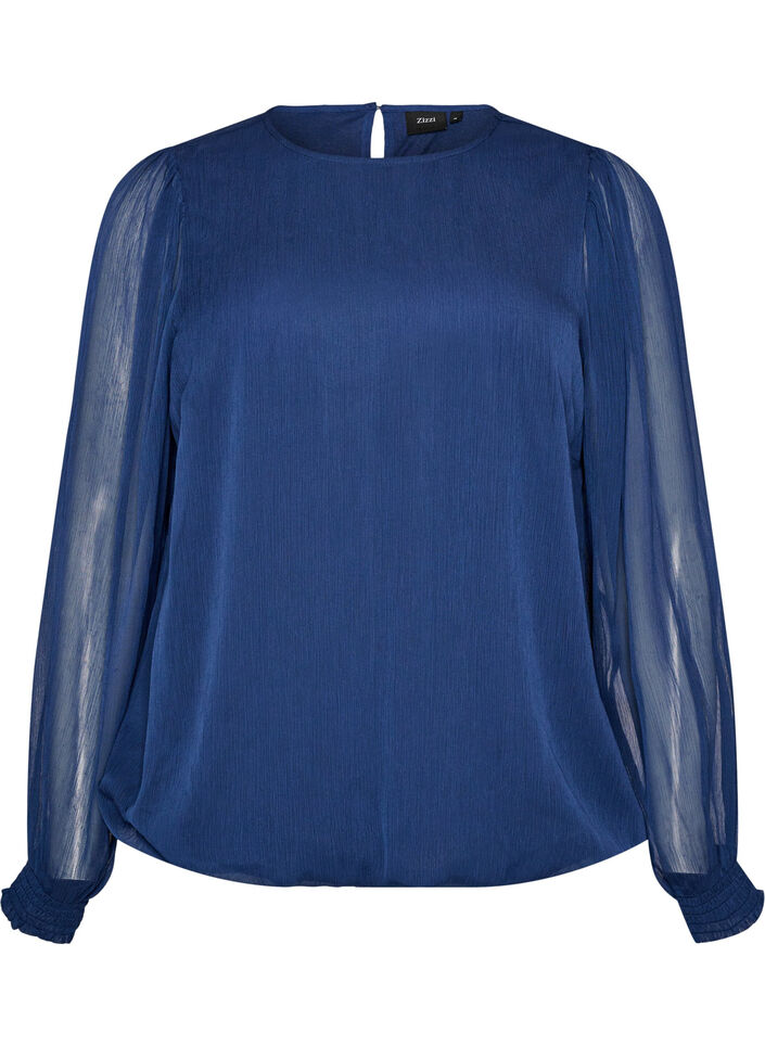 Blus i chiffong med genomskinliga &auml;rmar, Bl&aring;, Packshot image number 0