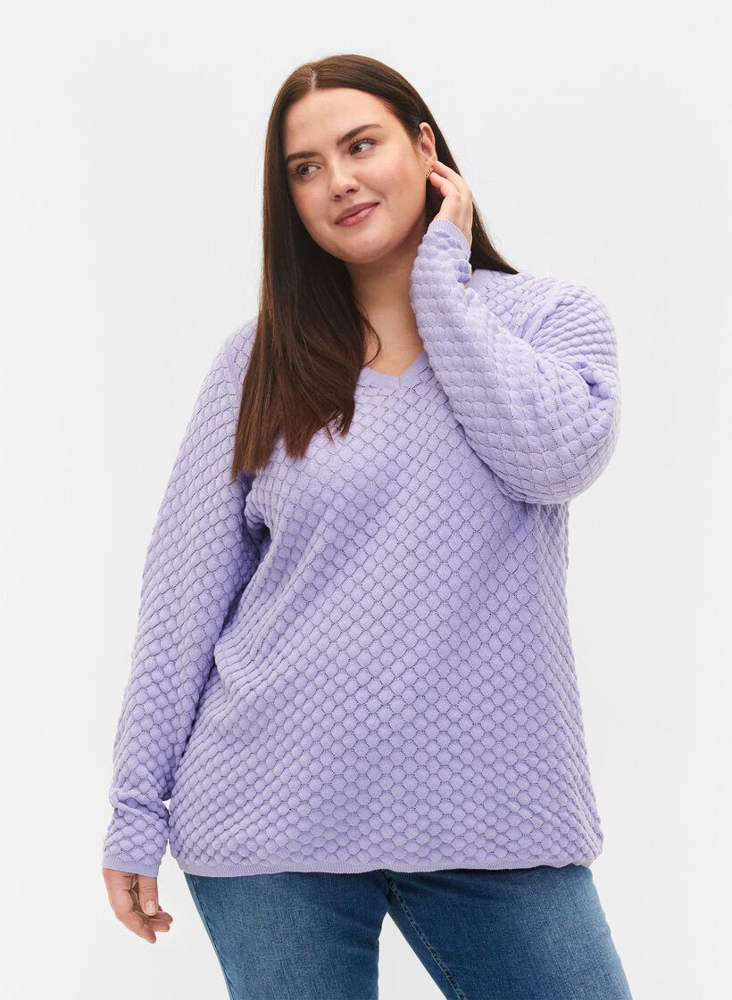 Stickad tröja med mönster och v-ringad hals, Lavender, Model image number 0