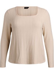Jerseyblus med fyrkantig halsringning och ribbad textur, Beige