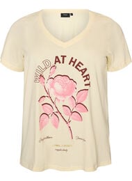 T-shirt i bomull med tryck framtill och v-ringning, Beige