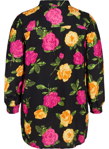 Blommig viskosskjorta med smock, Black Flower AOP, Packshot image number 1