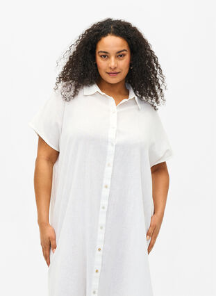 Lång skjorta i bomullsblandning med linne, Bright White, Model image number 2