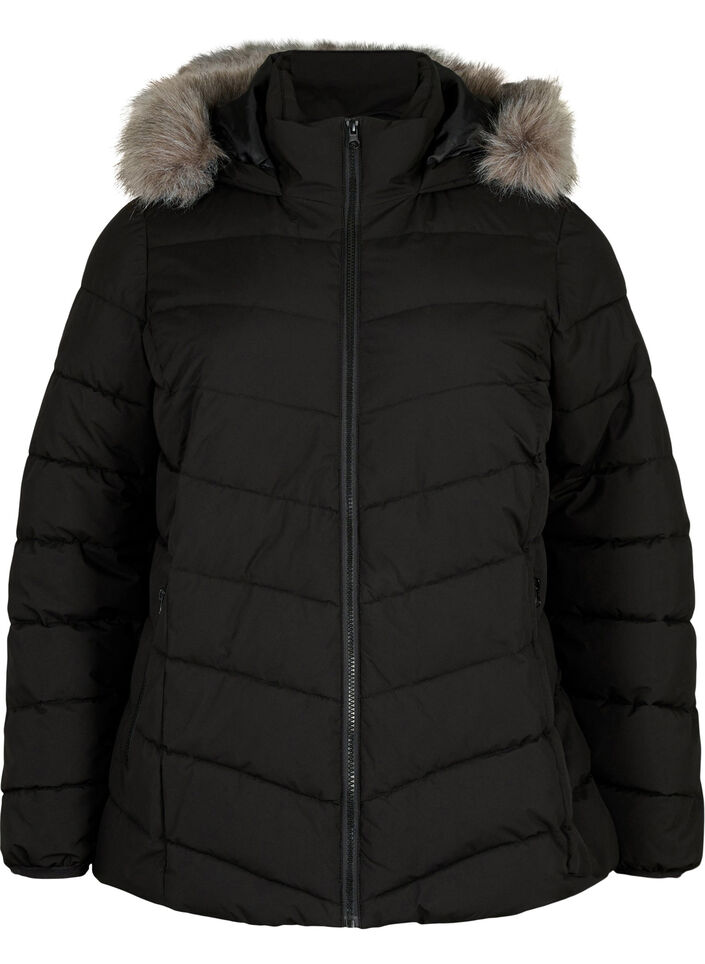 Kort pufferjacka med huva, Svart, Packshot image number 0