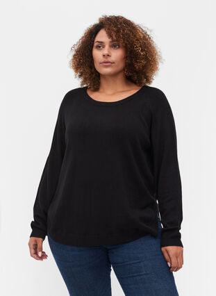 Långärmad stickad tröja med ribbade detaljer, Black, Model image number 0