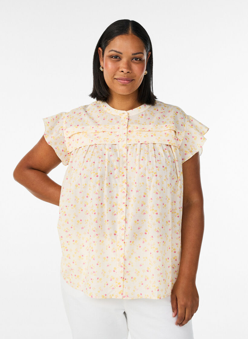 &Auml;rml&ouml;s a-linjeformad skjortblus i bomull, Gul, Model image number 0