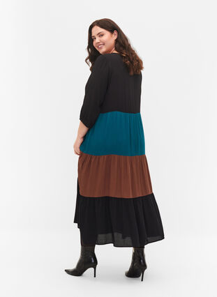 Viskosklänning med colourblock, Brown Green Block, Model image number 1