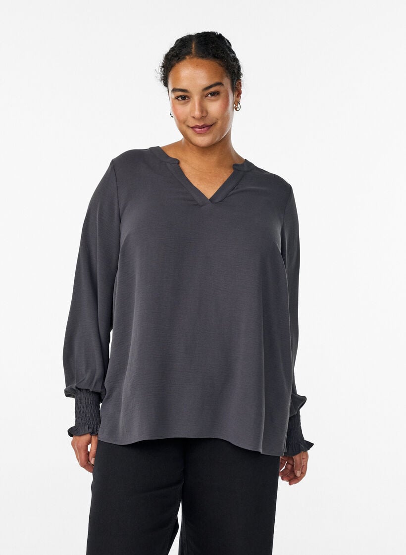 Blus med smockade manschetter och v-ringning, Gr&aring;, Model image number 0