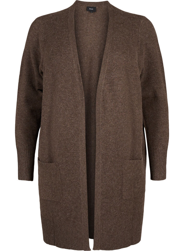 Ribbstickad kofta med fickor, Brun, Packshot image number 0