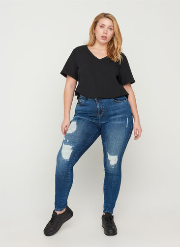 Amy jeans med hög midja och slitna detaljer, Blue denim, Model image number 0