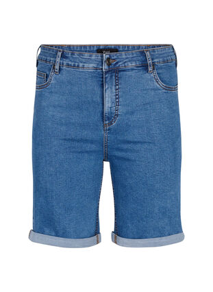 Åtsittande jeansshorts med hög midja, Blue Denim, Packshot image number 0