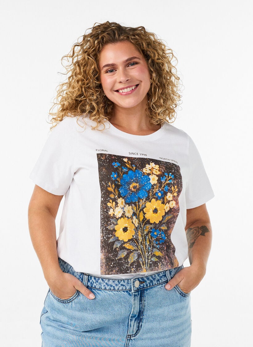 T-shirt i bomull med tryck framtill, Vit, Model