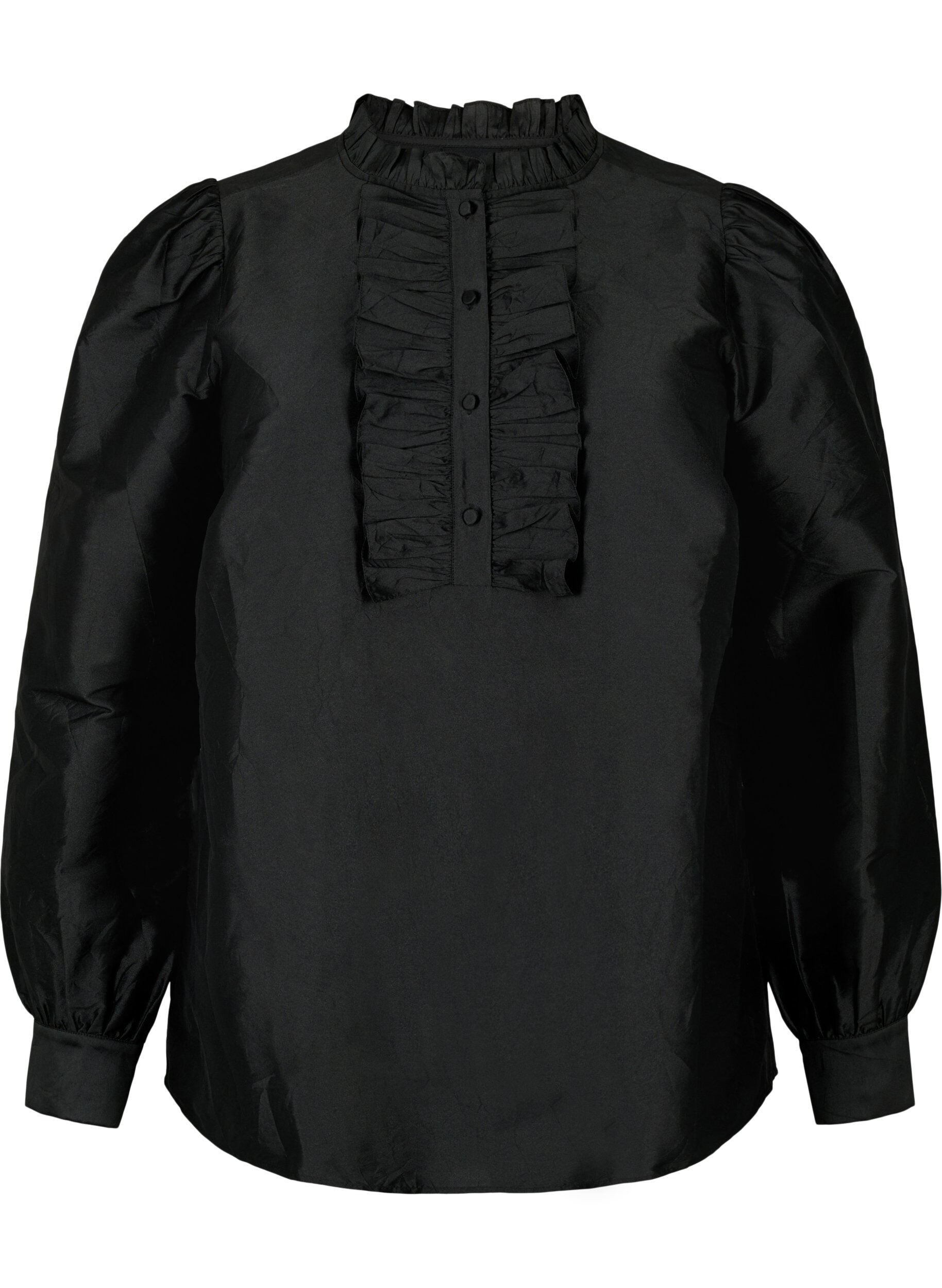 Zizzi Glansig skjortblus med volanger, Black, Packshot image number 0