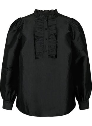Glansig skjortblus med volanger, Black, Packshot image number 0