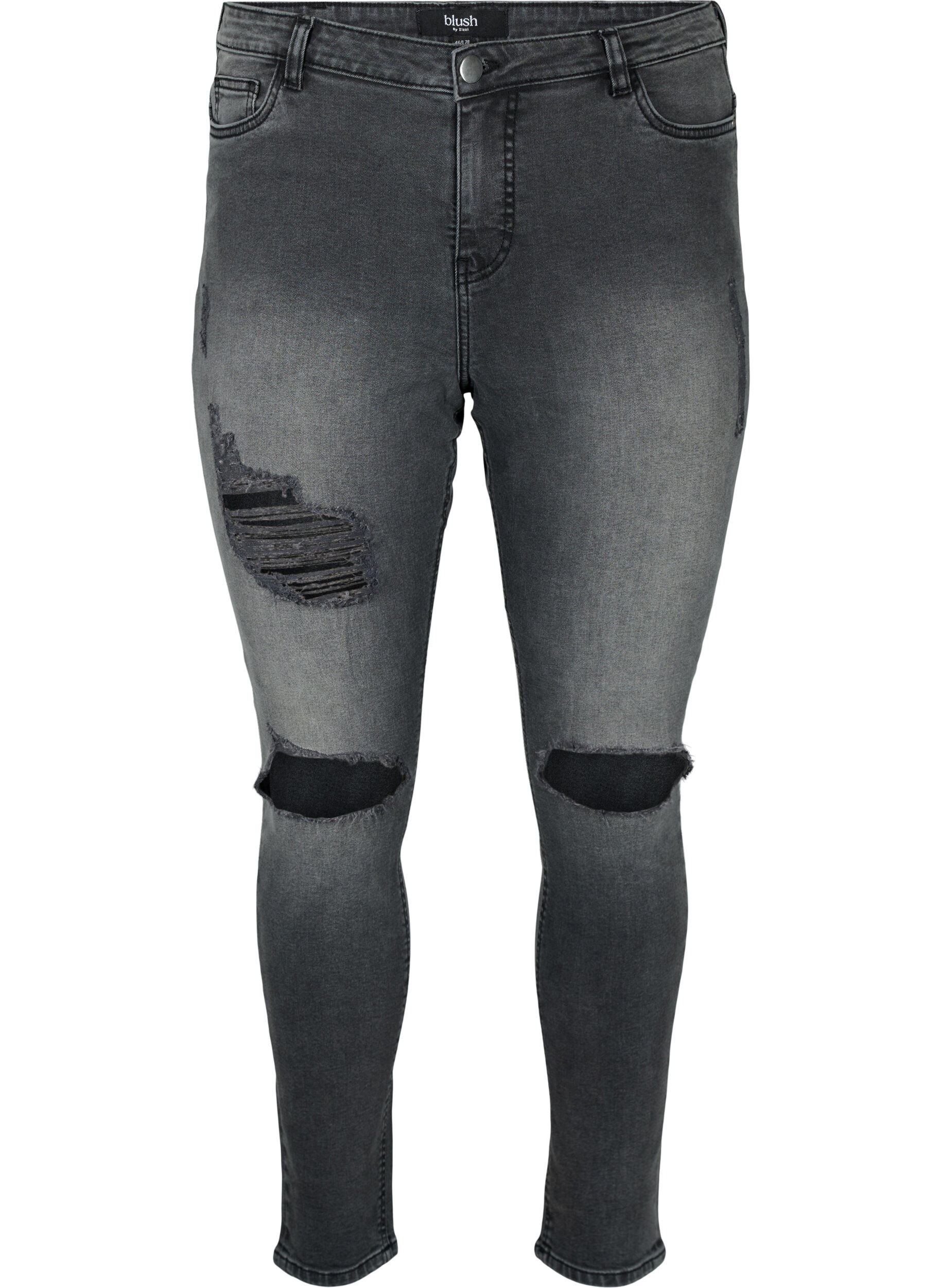 Zizzi Kroppsn&auml;ra jeans med slitdetaljer, Grey Denim, Packshot image number 0