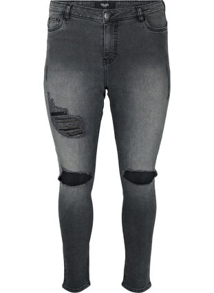 Kroppsnära jeans med slitdetaljer, Grey Denim, Packshot image number 0