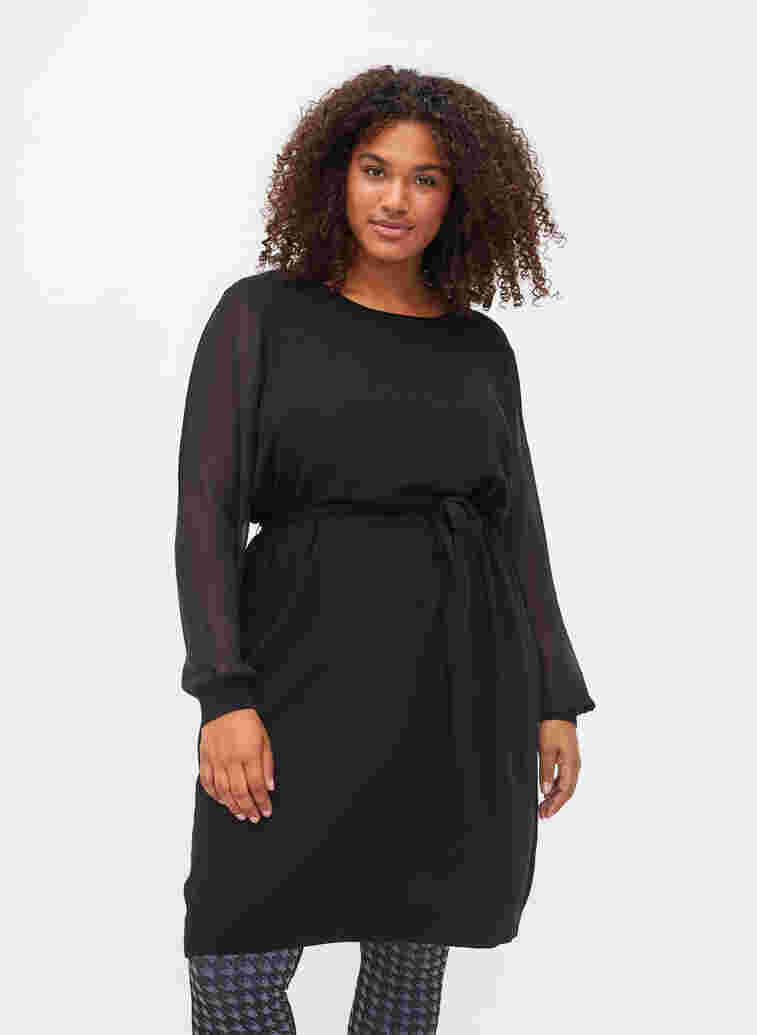 Stickad klänning med transparenta ärmar, Black, Model image number 0