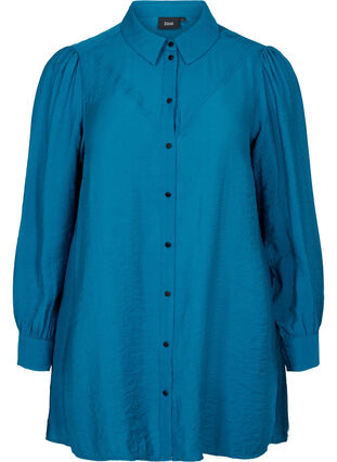 Lång enfärgad skjorta i viskosblandning, Moroccan Blue, Packshot image number 0