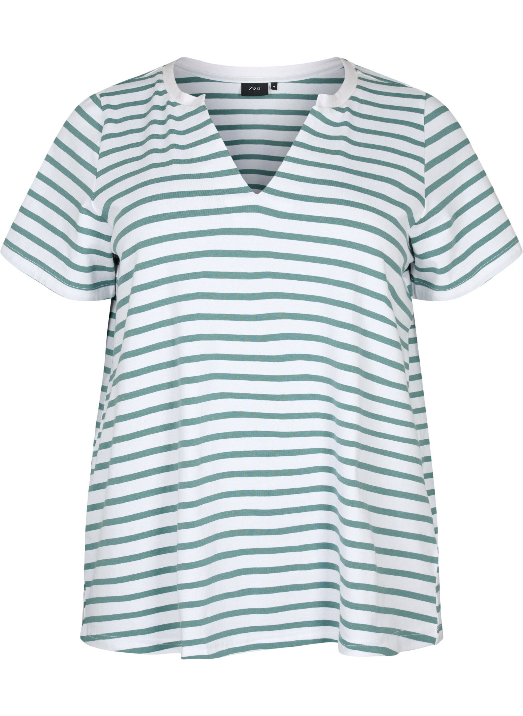 Zizzi Bomulls t-shirt med r&auml;nder och v-ringning, B.White/SeaP.Stripes, Packshot image number 0