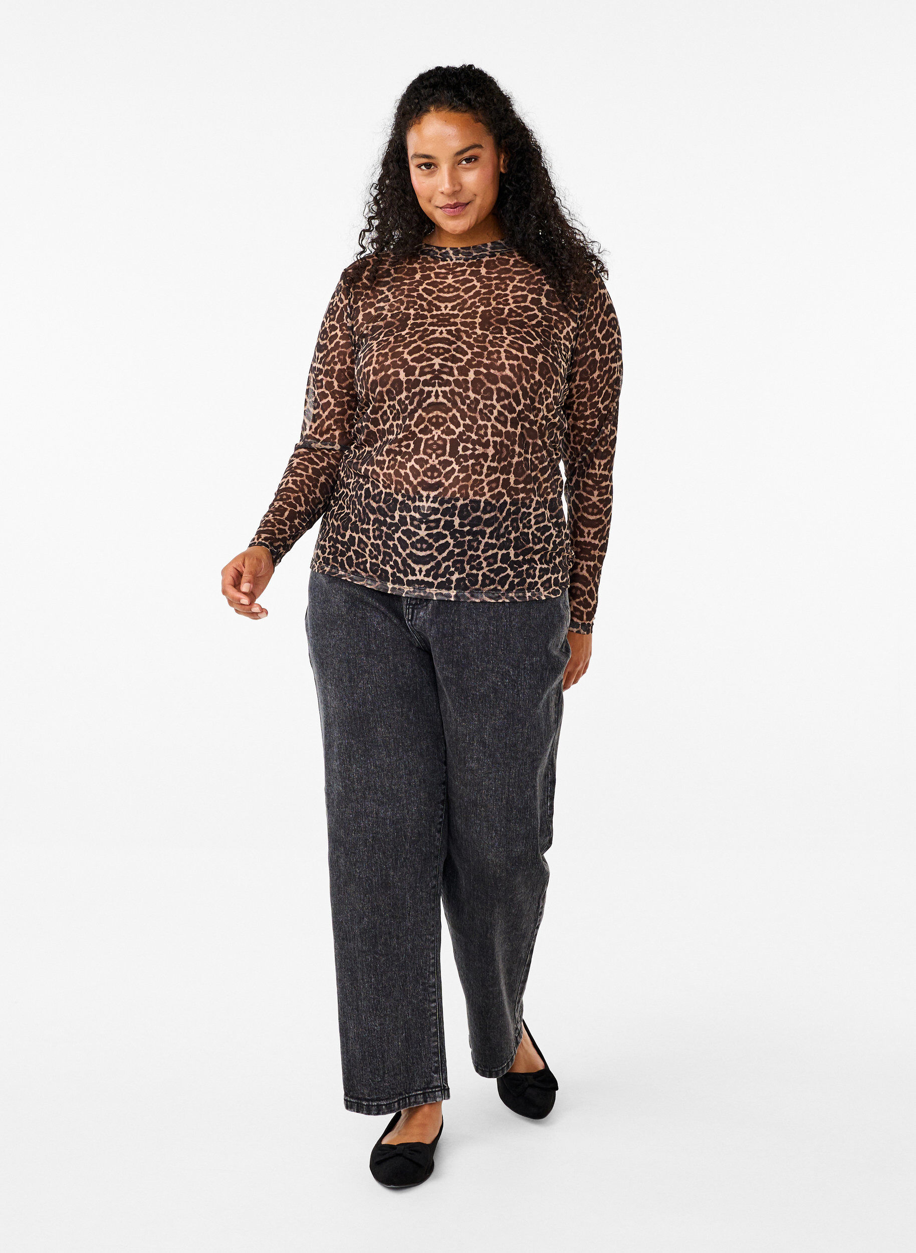 Zizzi Meshblus med leopardm&ouml;nster, Brun, Model image number 1